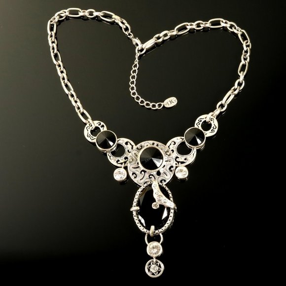 Chunky DG Necklace Black Stone Silver Tone - Picture 4 of 14